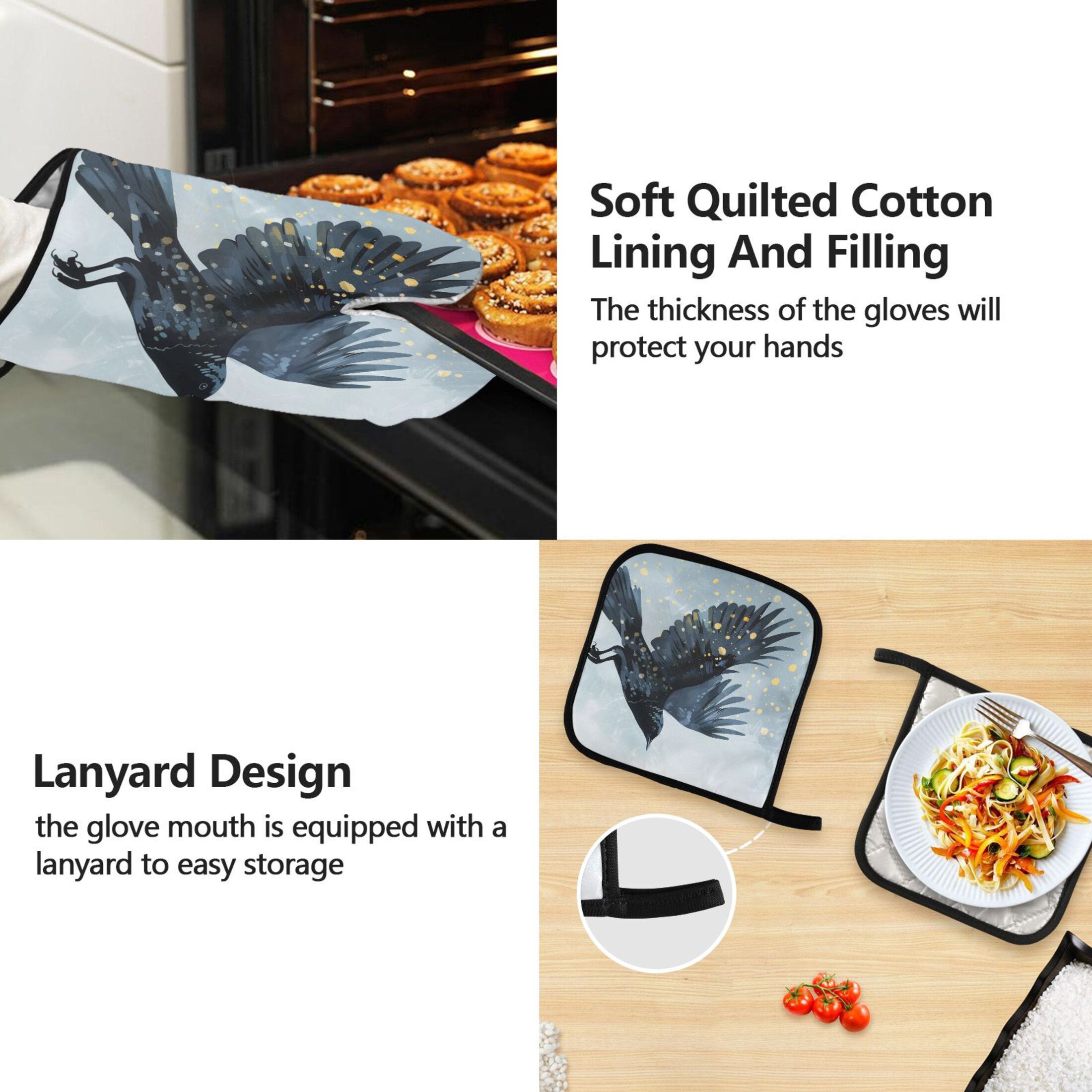 Cool Crow Flying 5 Pcs Kitchen Set Heat Resistant Oven Mitts and Non-Slip Pot Holders with Adjustable Cooking Apron