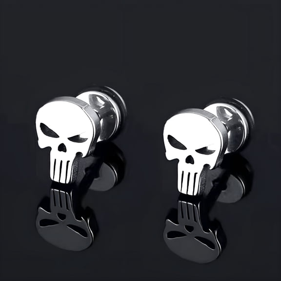 DESIGNICE 2026 New Silver Punisher Skull Stud Earrings for Men, Hypoallergenic Stainless Steel Earrings Stainless Steel Stud Earrings for Casual, Party, Rock, Concert, Daily Wear