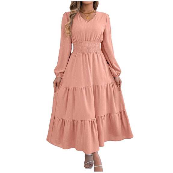 Zpanxa Winter Dresses for Women, V Neck Long Sleeve Smocked Waist Tiered Ruffle Hem Midi