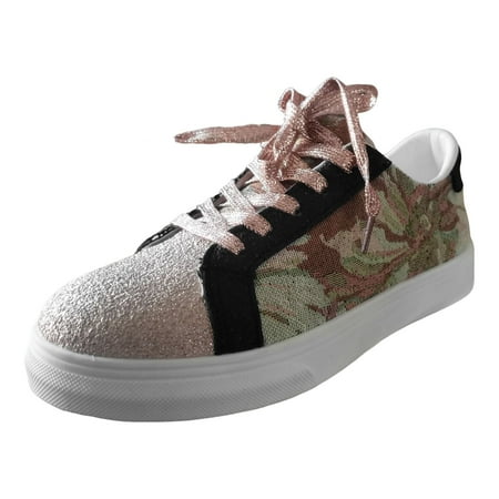 Blphud Formal Shoes Women Summer Shoes for Women 2024 Casual Womens Shoes Leisure Women s Flowers Print Non Slip Flat Round Toe Breathable Lace Up Lazy Cloth Shoes Womens Sneakers Rose Gold 39