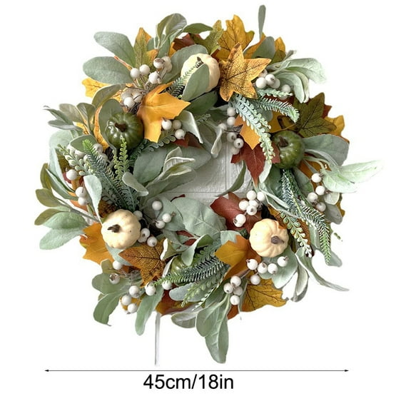 BallsFHK Fall Wreath For Front Door, Wreath With Maple Leaf,Artificial Pumpkins Wreath,Thanksgiving Decoration 18in