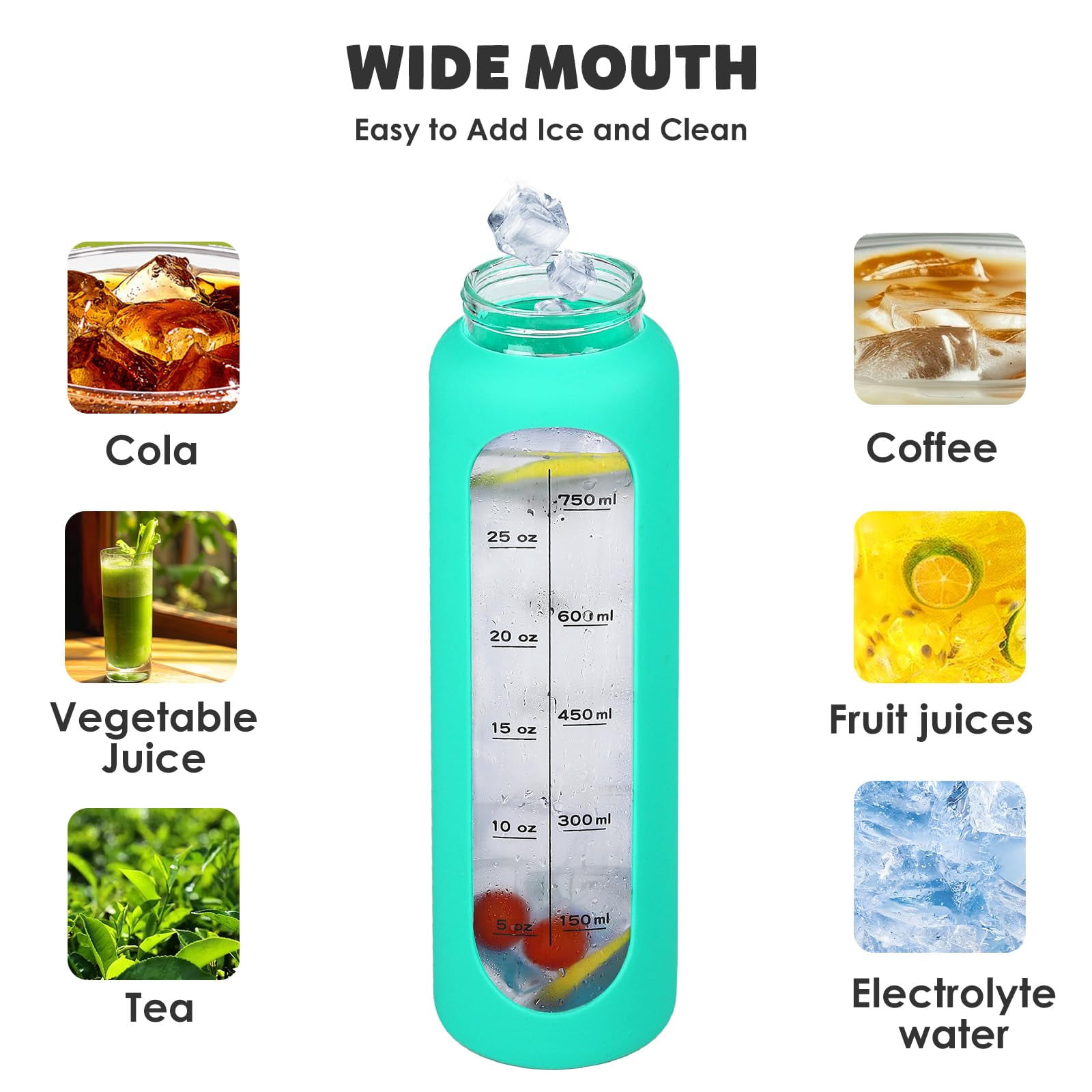 Glass Water Bottles 32oz with Silicone Sleeve Drinking Hydration Bottles Reusable Borosilicate Wide Mouth Motivational Water Flask Canteen with Time Marker Spout Lid and Brush
