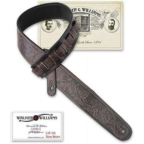 LIF-03 Distressed “Weathered Dark Brown Padded Guitar Strap with Western Sheridan Tooling For Acoustic, Electric, And Bass Guitars$$Music