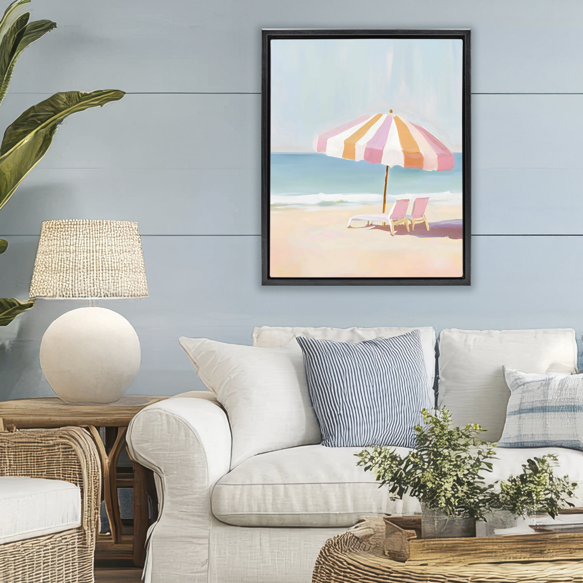 Stupell Industries Striped Umbrella & Chairs Black Framed Floater Canvas Wall Art, design by The Prints Vibe