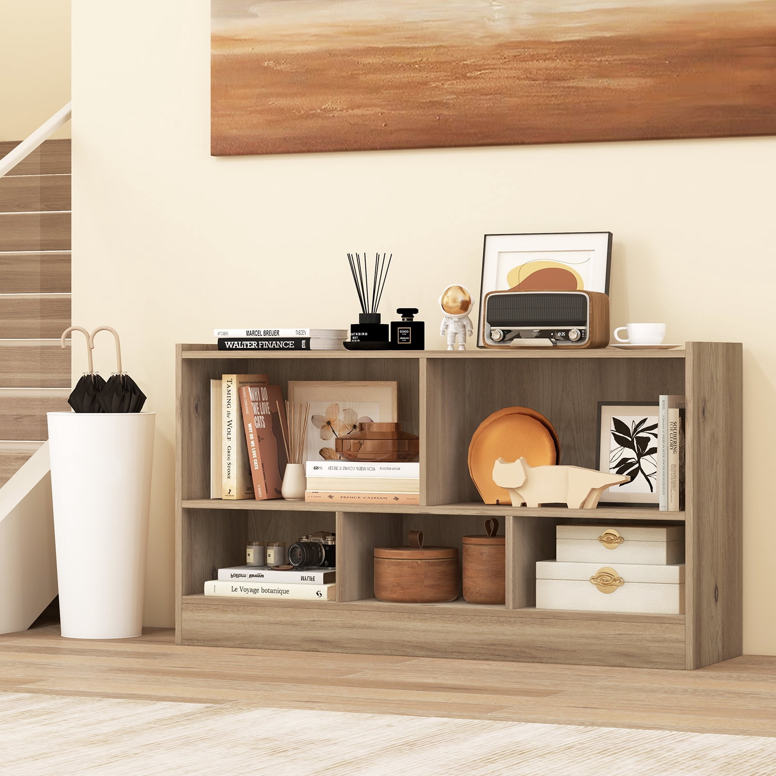 Costway 2-Tier Kids Bookcase with Spacious Top & Raised Base Toy Organizer with 5 Compartments Light Natural