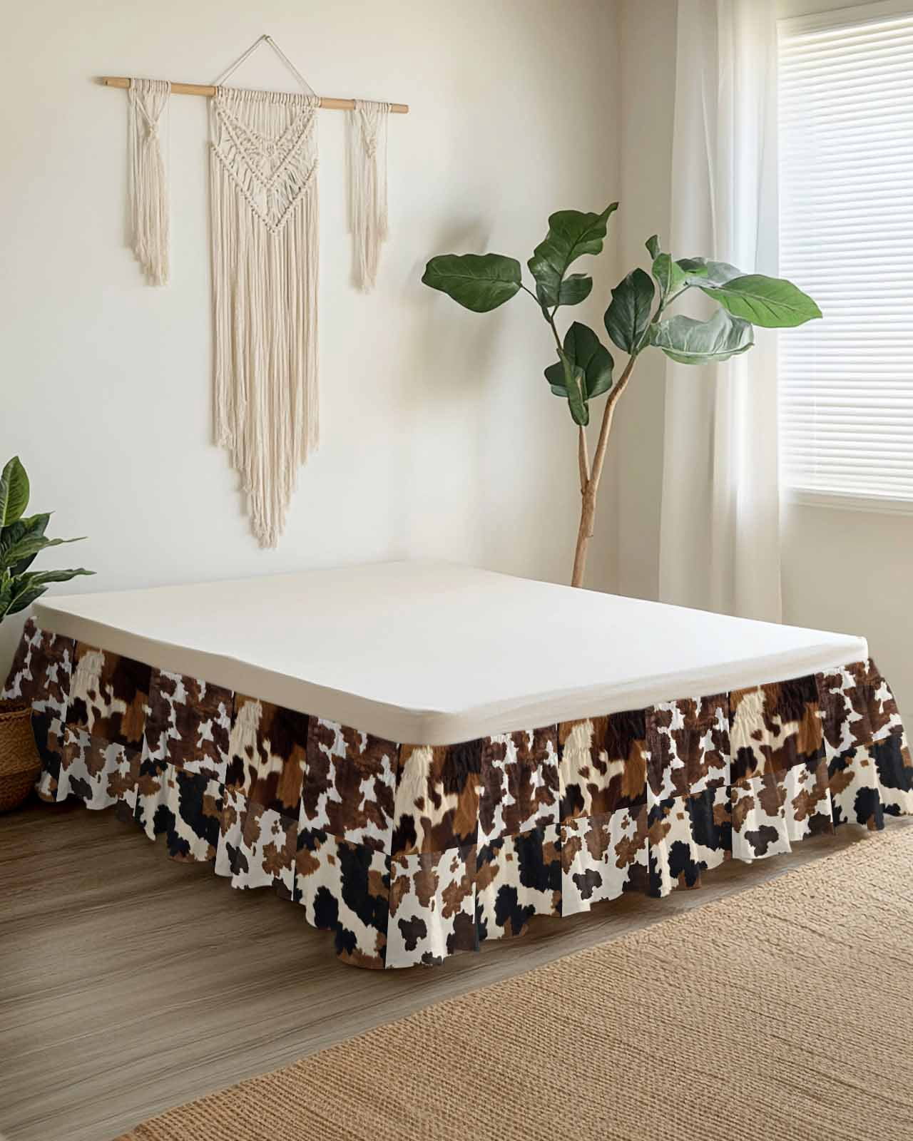 Cow Patterned Wrap Around Bed Skirts for King Bed 16" Drop,Bed Skirt with Adjustable Elastic Belt Dust Ruffle Bed Valance for Bedroom Hotel Vintage Farmhouse Abstract Country Western Bed Frame Cover
