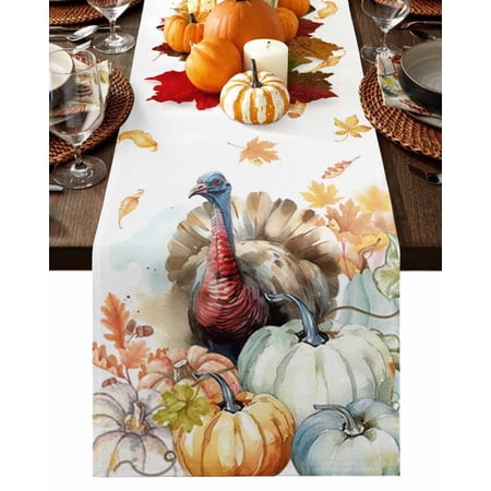 Fall Table Runner Thanksgiving Turkey Pumpkin Table Runners Fall Maple Leaf Cotton Linen Dresser Scarf Kitchen Dining Table Decor for Fall Holiday Party Decor 13x90 Inch