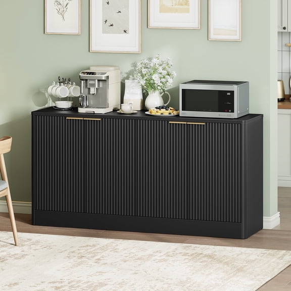 HOOBRO Wave-Patterned Sideboard Cabinet with Adjustable Shelves, Black
