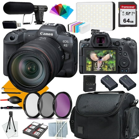 Canon EOS R5 Mirrorless Camera 24-105USM Lens+ COMMANDER Starter Kit + Lens Filters + CASE + 64GB Memory Card+Extra Battery+Shot-Gun Microphone (18PC Bundle)