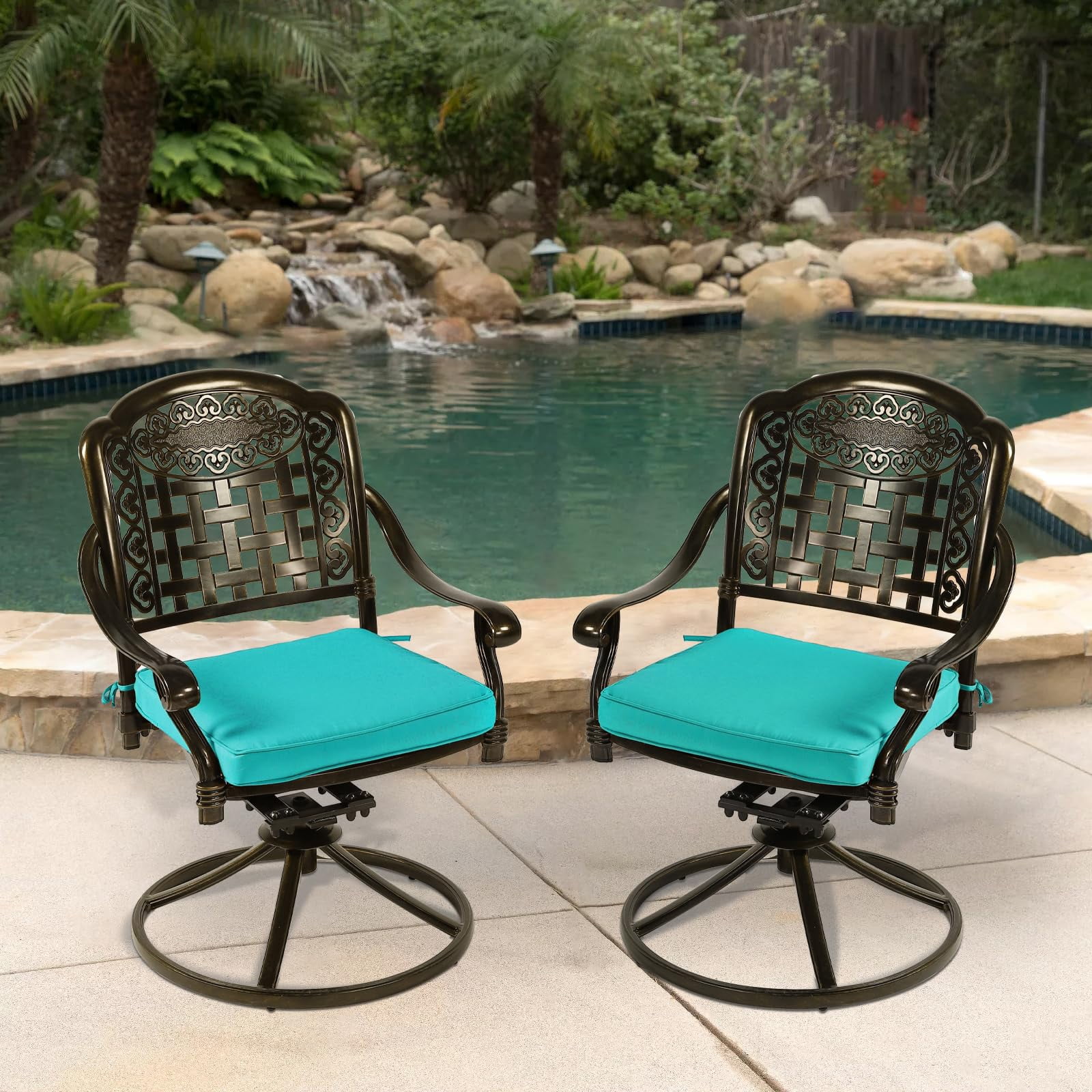 MEETWARM 2 Piece Patio Dinning Swivel Chairs Rocker, Outdoor All-Weather Cast Aluminum Chairs with Cushions, Patio Bistro Dining Chair Set for Garden Deck Backyard, Ocean Blue