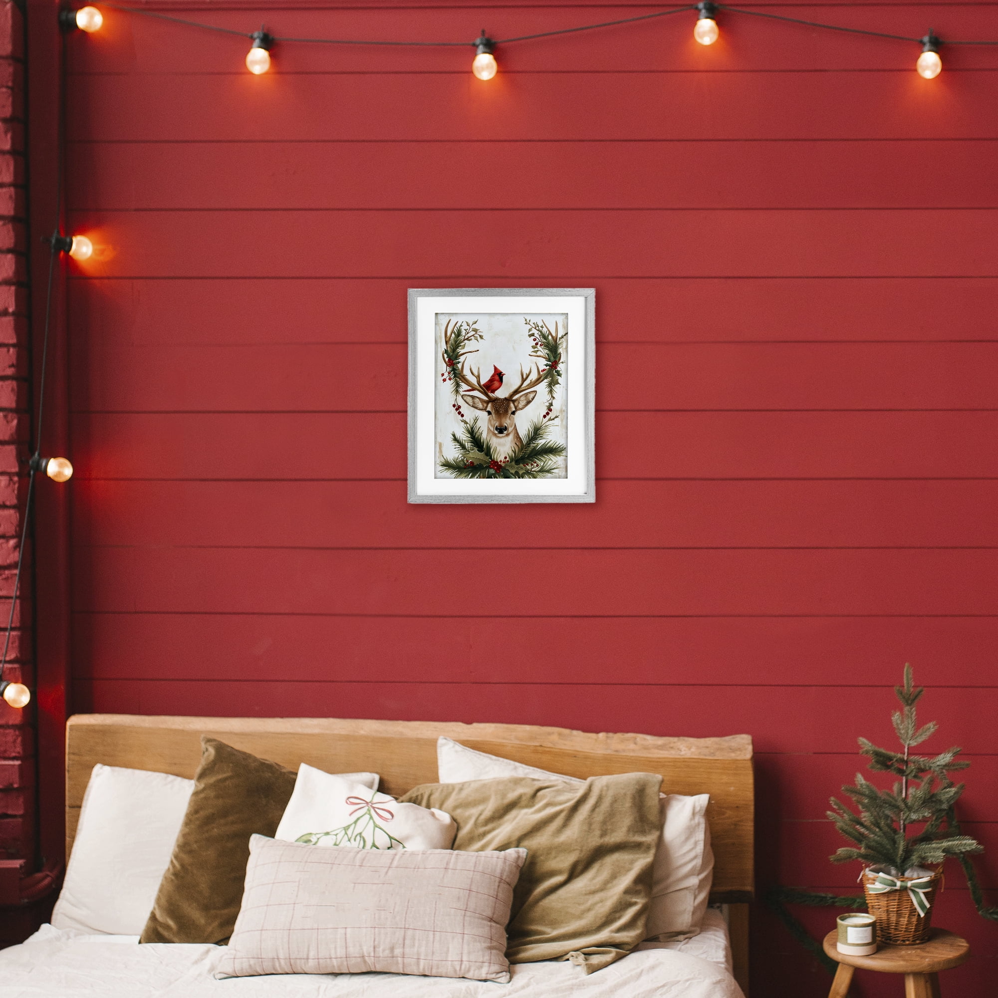 Stupell Industries Cardinal & Deer with Festive Flora Gray Framed Print Under Glass, design by Acorn & Ivory Designs