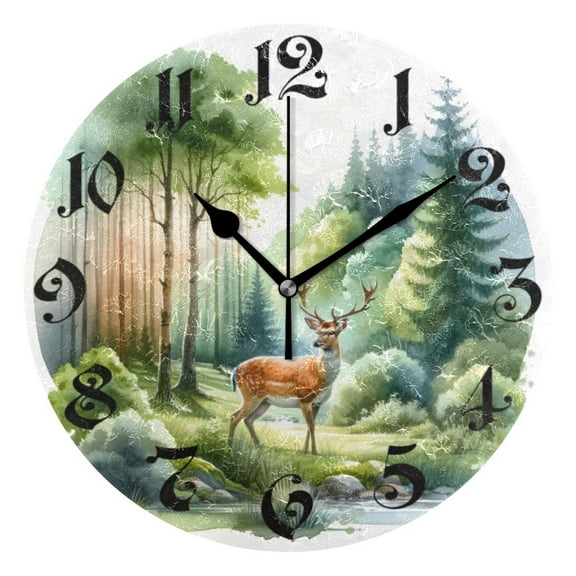 Silent Wall Clock A Beautiful Deer on Forest 10" Non-Ticking Battery Clock Rustic Retro Home Decorative for Living Room Kitchen Bathroom