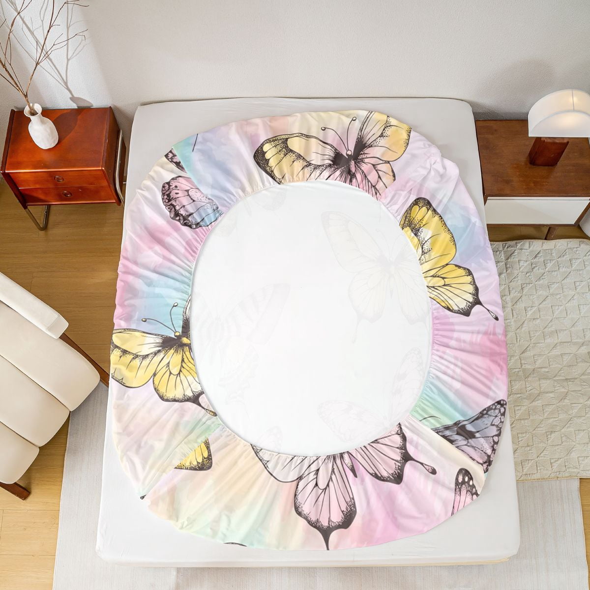 Homewish Colorful Cute Butterfly Twin Sheet Sets,Watercolor Tie Dye Twin Fitted Sheet,Rainbow Ombre Flat Sheet For Girls Teens,Luxury Bedroom Decor,3-Piece