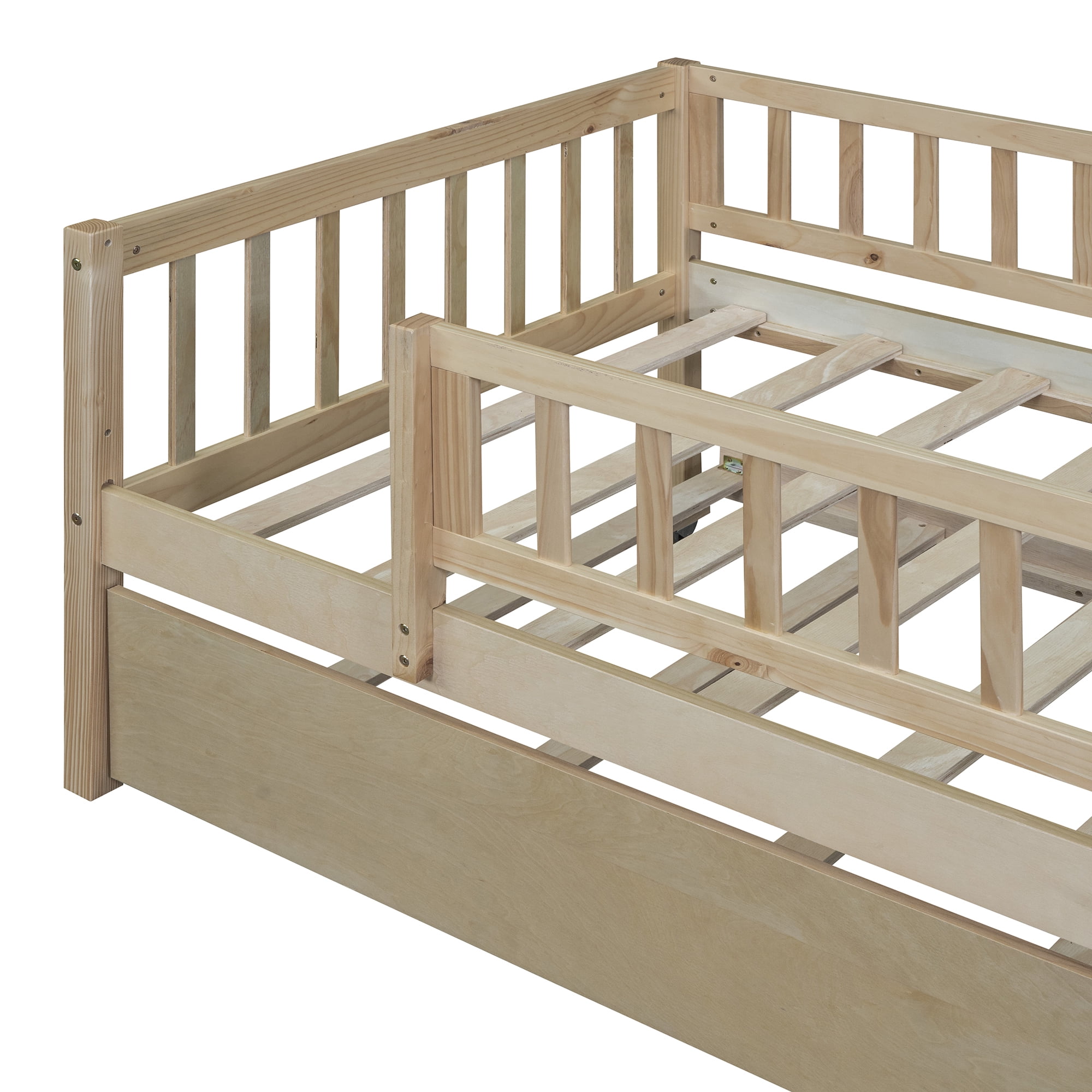 Holaki Twin Size Wood Bed with Trundle and Guardrails for Kids, Natural