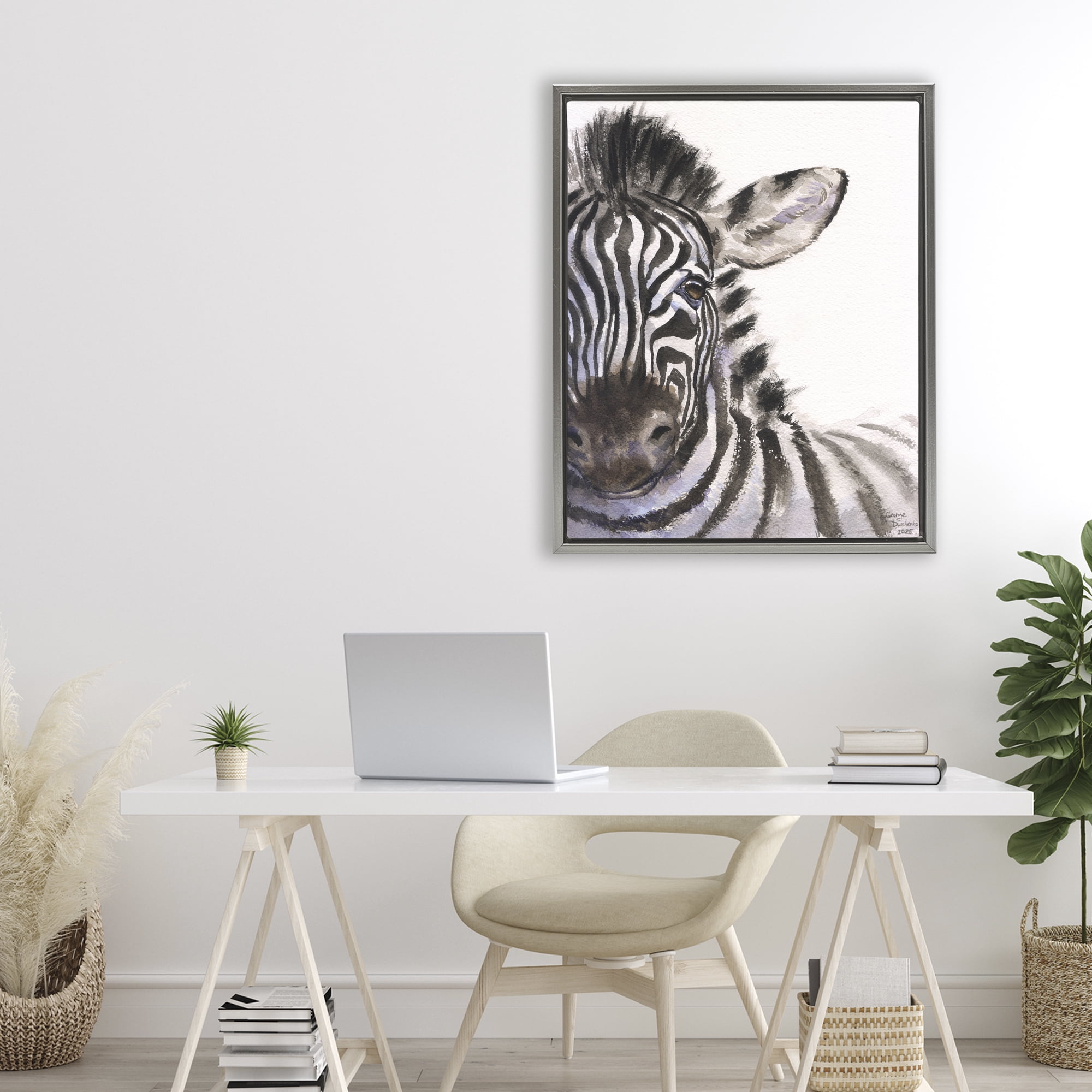 Stupell Industries Zebra Portrait on White Gray Framed Floater Canvas Wall Art, design by George Dyachenko