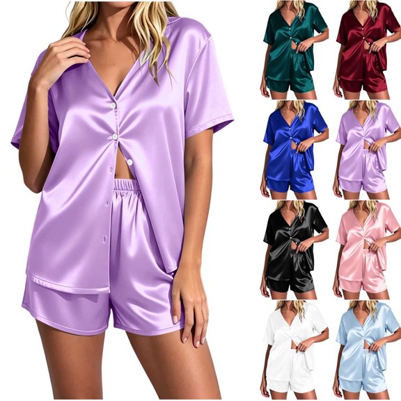 Zynoxe Womens Two Piece Pajamas Set Casual Satin V-neck Short Sleeve Button Down Shirt and Elastic Waist Shorts Solid Color Pjs Lounge Sets