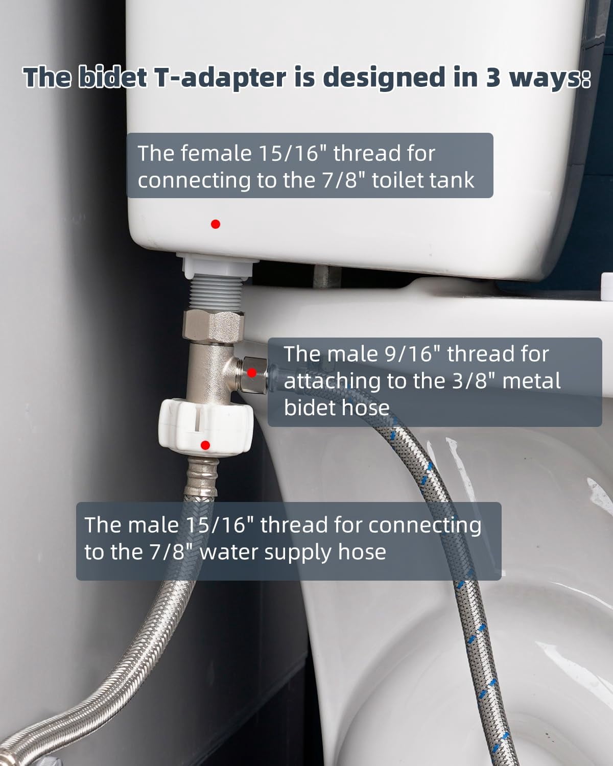 Metal Bidet T Adapter 3 Way Tee Connector for Bidet Attachment 7/8 Inch x 7/8 Inch x 3/8 Inch 15/16 Inch x 15/16 Inch x 9/16 Inch for Toilet