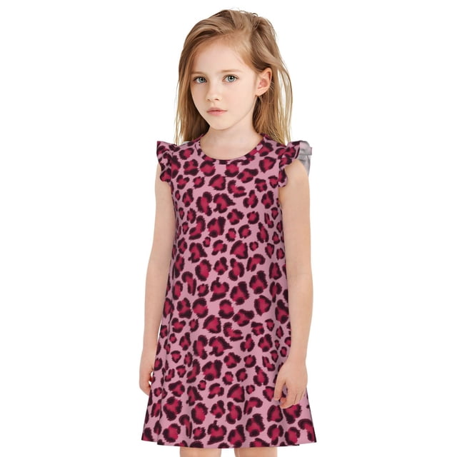 Balery Rose Leopard Print Camisón de princesa para niñas, pijama de algodón con mangas abullonadas, suave y bonito.-Medium