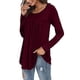 thumbnail image 2 of Blusa de Manga Larga para Mujer Cuello Redondo con Volantes Color Puro Transpirable Elástico Top Suelto para Mujer para Trabajo Diario Fiesta Citas Vino Rojo XL, 2 of 5