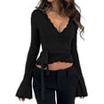 thumbnail image 3 of Tqyyweavej Womens Tie Side Wrap Tops Lace Long Flare Sleeve Crop Cardigan Yoga Ballet Deep V Neck Cover up Tops Pilates Outfits, 3 of 8