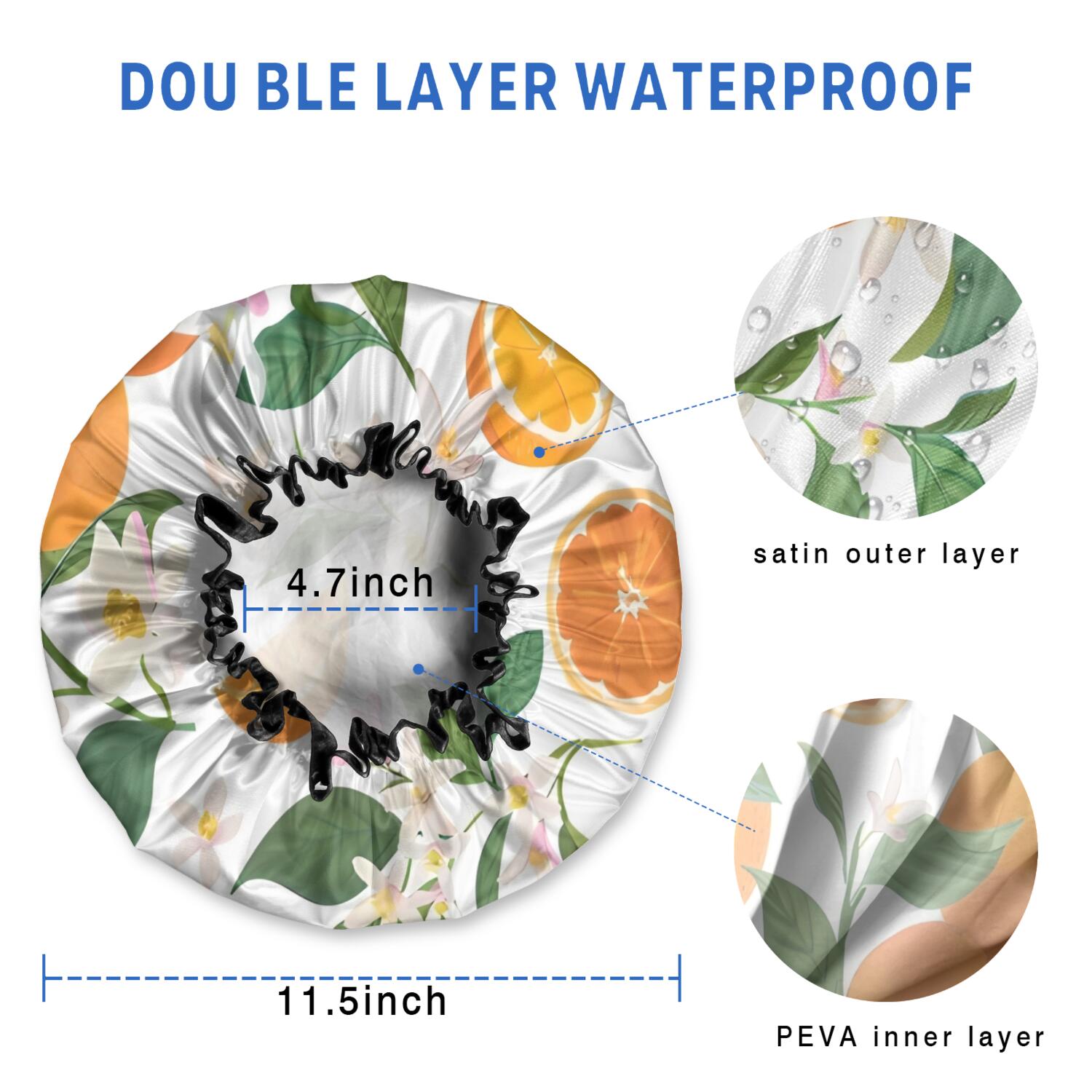Shower Caps,Orange Fruits Flowers White Pattern Waterproof Shower Cap for Women 4 Pieces,Double Reusable Hair Cover for Shower PEVA Elastic Stretch Hem