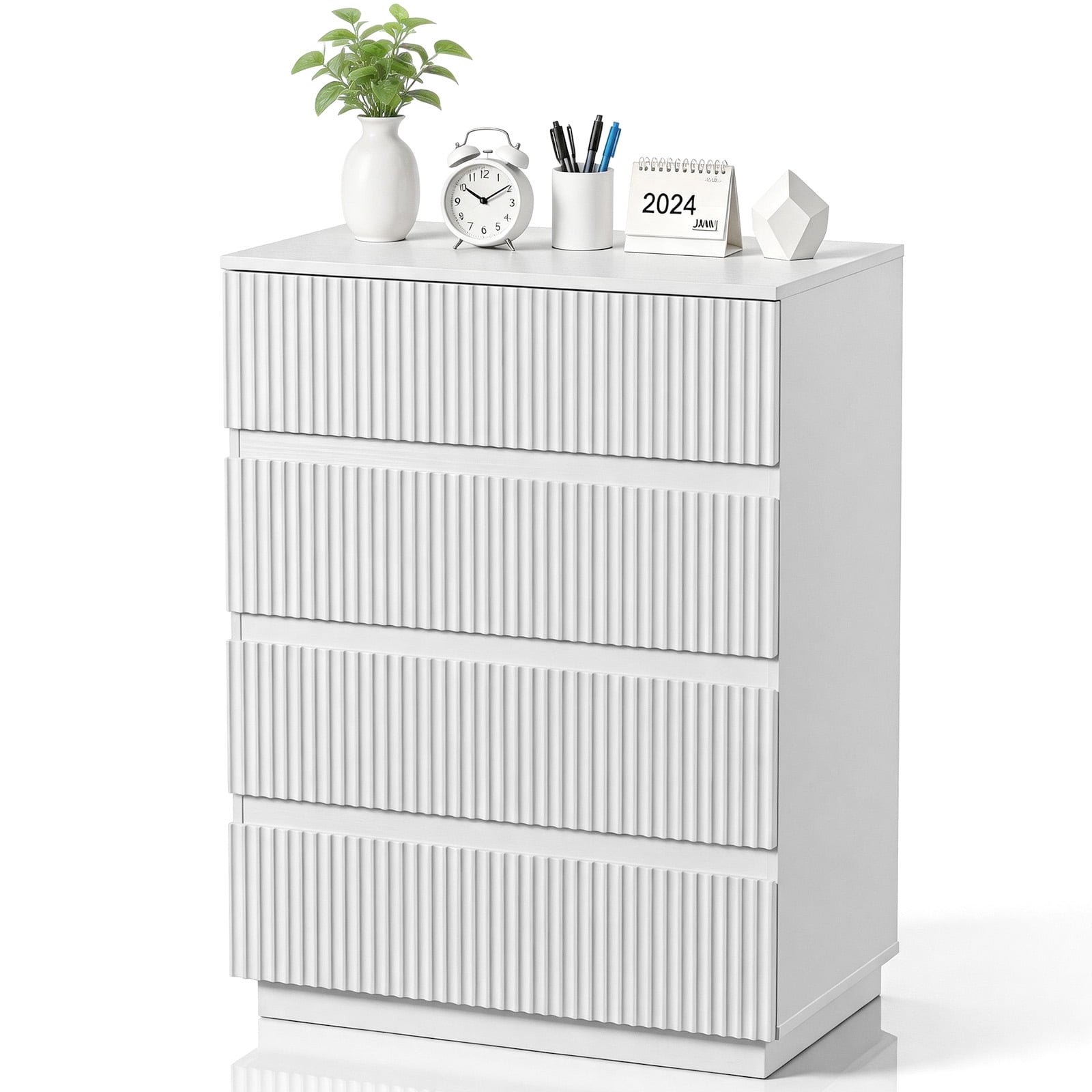 Handleless Grille-Finished 4-Drawer Bedside Table, P2 Particleboard + MDF & Melamine Veneer + Thermoformed Drawer Dresser 23.62*14.96*30.71in White