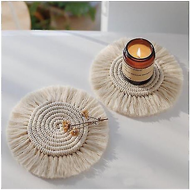 Puro tejido a mano estilo nórdico cuerda de algodón borla redondo antideslizante aislador cuenco estera mantel posavasos 2 piezas blanco LingWen 8390605454912