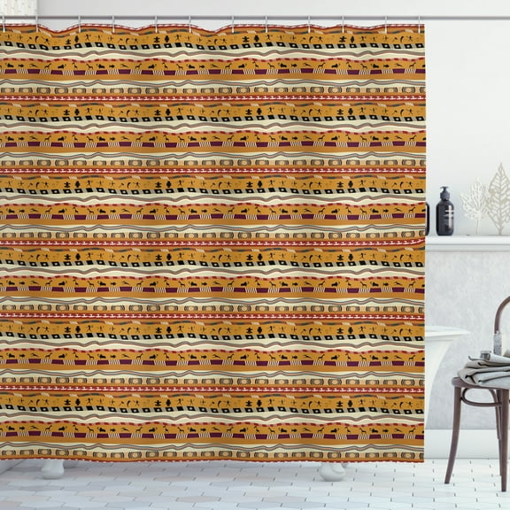 Tribal Shower Curtain, Repetitive Pattern of Horizontal Line Primitive Inspired Shapes, Fabric Bathroom Set with Hooks, 69W X 75L Inches Long, Dark Yellow and Multicolor, by Ambesonne