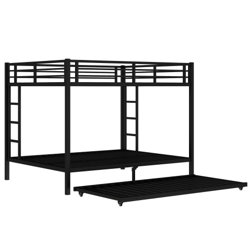 Queen over Queen Metal Bunk Bed with Twin Size Trundle, Black