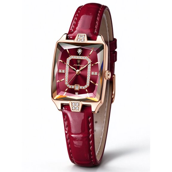 POEDAGAR Watches for Women, Analog Quartz Dress Wrist Watch, Red Rectangular Rhinestone Dial with Date Display