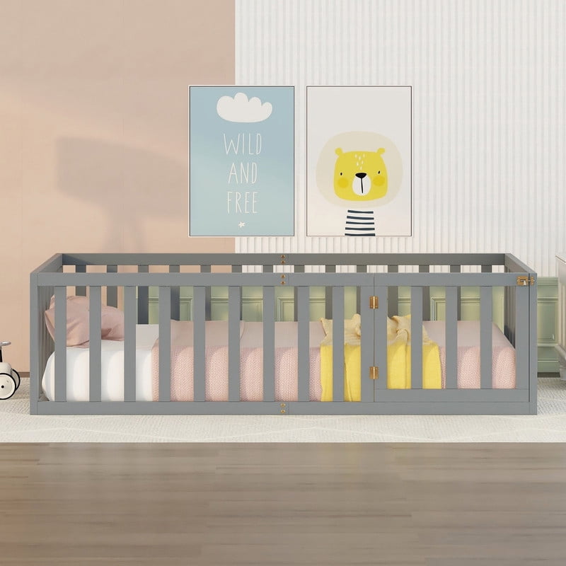 Twin Size Wood Floor Bed with Door & Fence, Montessori Bed Frame with Full Length Safety Guardrails, Wood Twin Bed with Slats, No Box Spring Needed-Gray