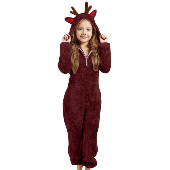 TBWNWG Girls Winter Hooded Romper Jumpsuit Soft Reindeer Design Warm Cozy Playwear For Toddler Kids,Size 2-3 Years