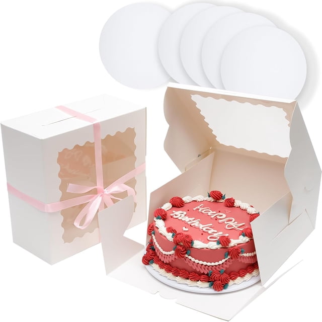 Caja de Pastel, 5 Juegos de Caja de Pastel Blanco con Ventana y 5 Juegos de Tableros Redondos de Pastel Blanco, Contenedores de Pastel