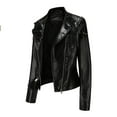 thumbnail image 3 of IROINNID Women's Faux Leather Jacket Notch Lapel Solid Color Long Sleeve Loose Slim Stand Zip Motorcycle Suit Belt Coat Jacket Tops, Black, 3 of 4