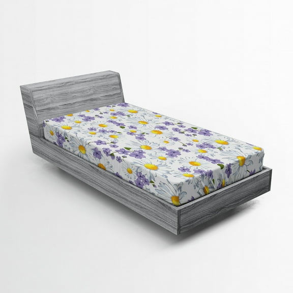 Ambesonne Floral Fitted Sheet, Blossoming Wild Flowers, Twin Size, White Yellow Purple