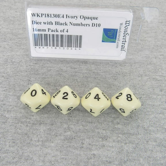 Ivory Opaque Dice with Black Numbers D10 16mm (5/8in) Pack of 4 Wondertrail