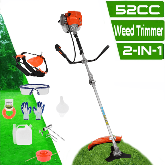 Floseru Lawn Mower, Gas String Trimmer, 52cc Weed Wacker Gas Powered, 2 in 1 Cordless Hedge Trimmer, 2-Stroke Brush Cutter, Handheld Weed Eater, Plastic Handle & Shoulder Strap Included