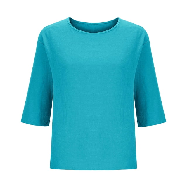 Vestidos Casuales Para Mujer, Blusas De Mujer De Moda Camiseta de lino de manga corta para mujer, color liso, estilo lino, talla grande, manga corta, top/camiseta de manga corta