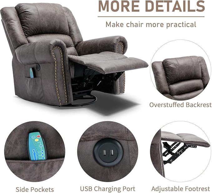 EPICOZY Manual Massage Swivel Rocker Recliner with Heat and Vibration, 360° Swivel Glider Rocking Recliner Chair, Classic Living Room Lounge Recliners with Side Pockets & USB Ports, Dark Gray
