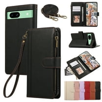 for Google Pixel 8A Wallet case with Card Holder for Women Men,Phone case RFID Blocking PU Leather Flip Cover with Strap Zipper Credit Card Slots,Kickstand,With Wrist Strap,Black