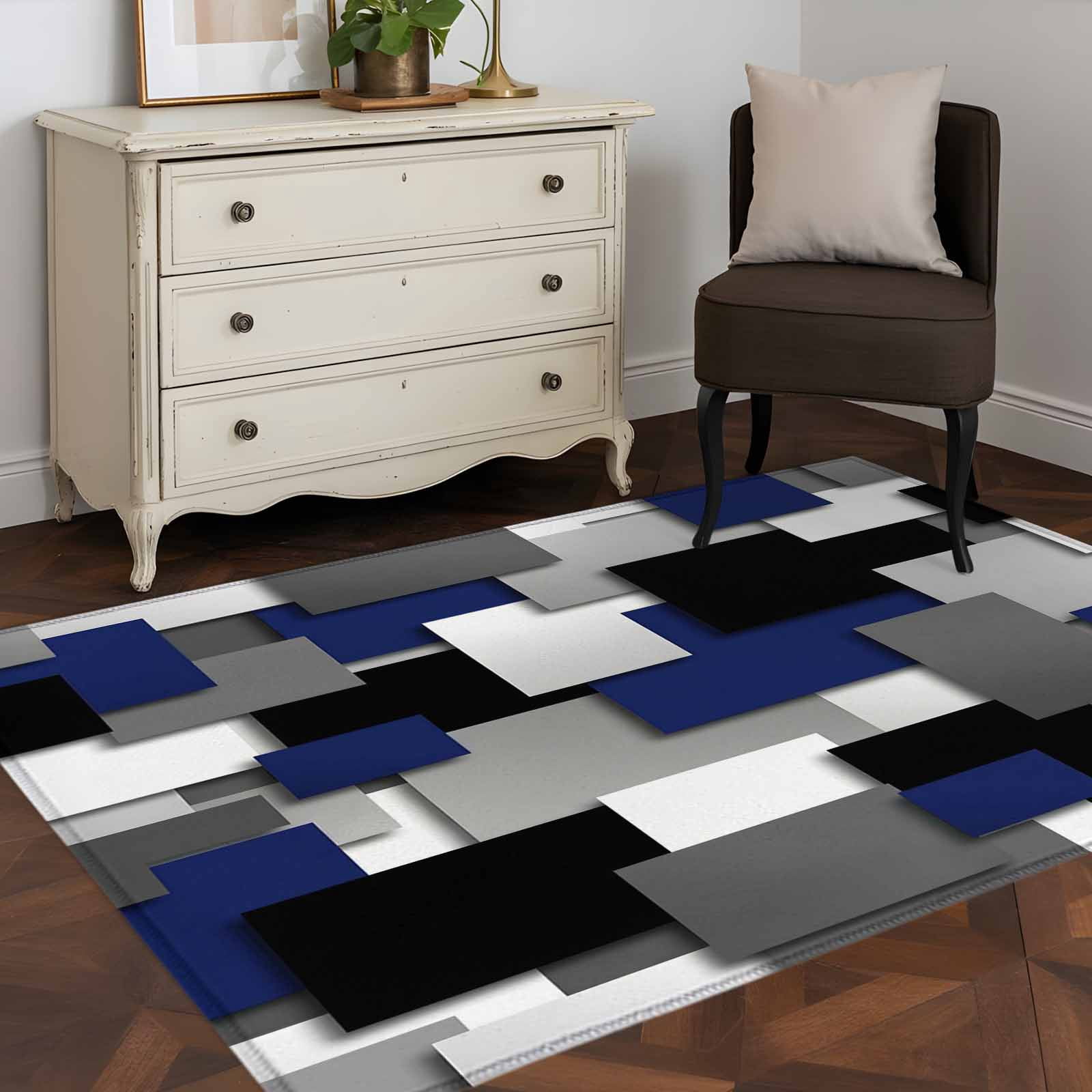 Navy Blue Black Geometric Kitchen Runner Rug 2.7x5 Washable Runners for Hallway Non Slip Modern Abstract Art Block Large Area Rug Indoor Floor Carpet for Bathroom Laundry Entryway Bedroom Living Room