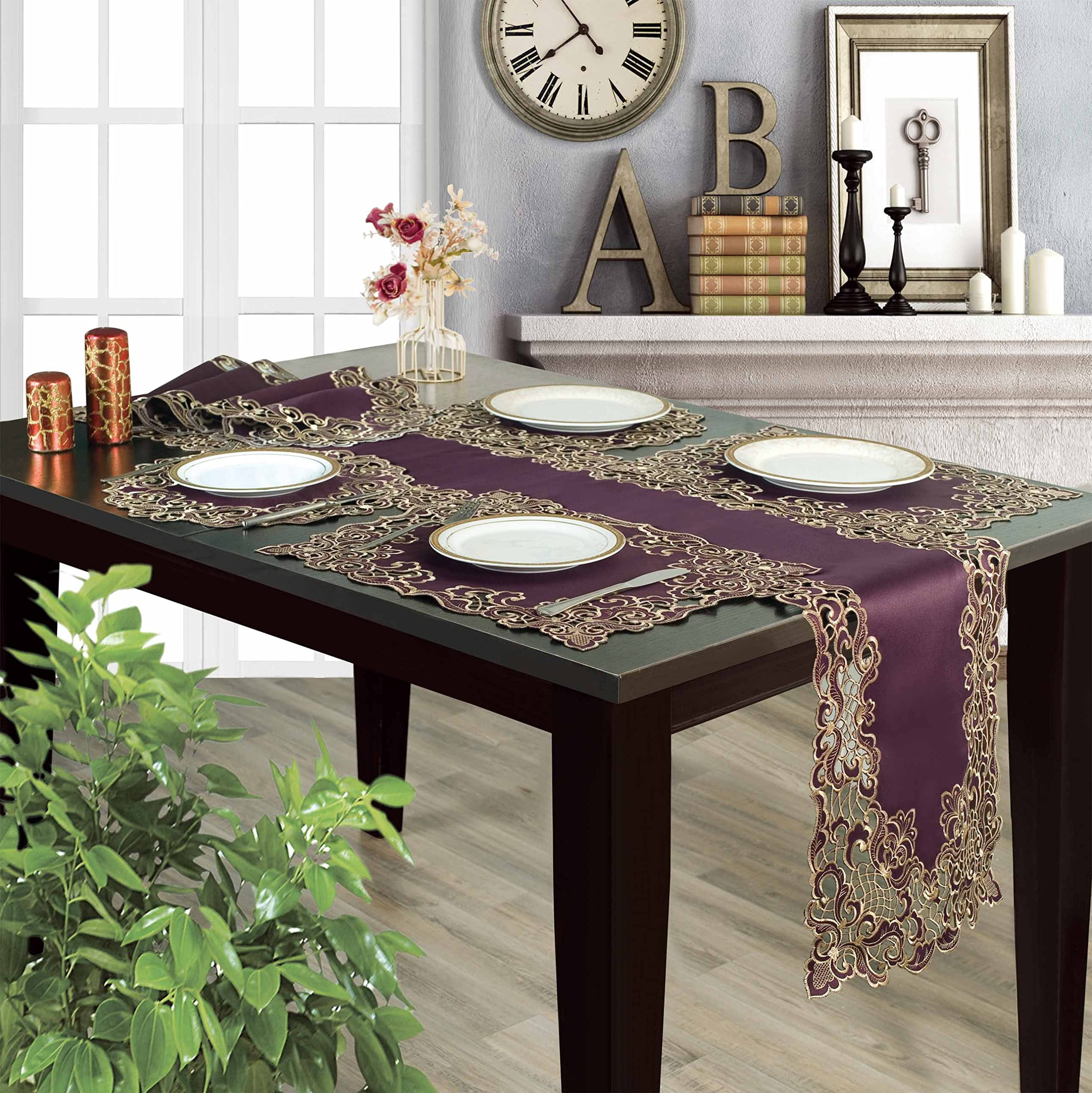 Gold Lace Plum Table Runner - Dresser Scarf European Embroidery - Perfect for Kitchen Dining Room Home Decor Wedding Receptions - 14 x 108 inches - The Granada Collection