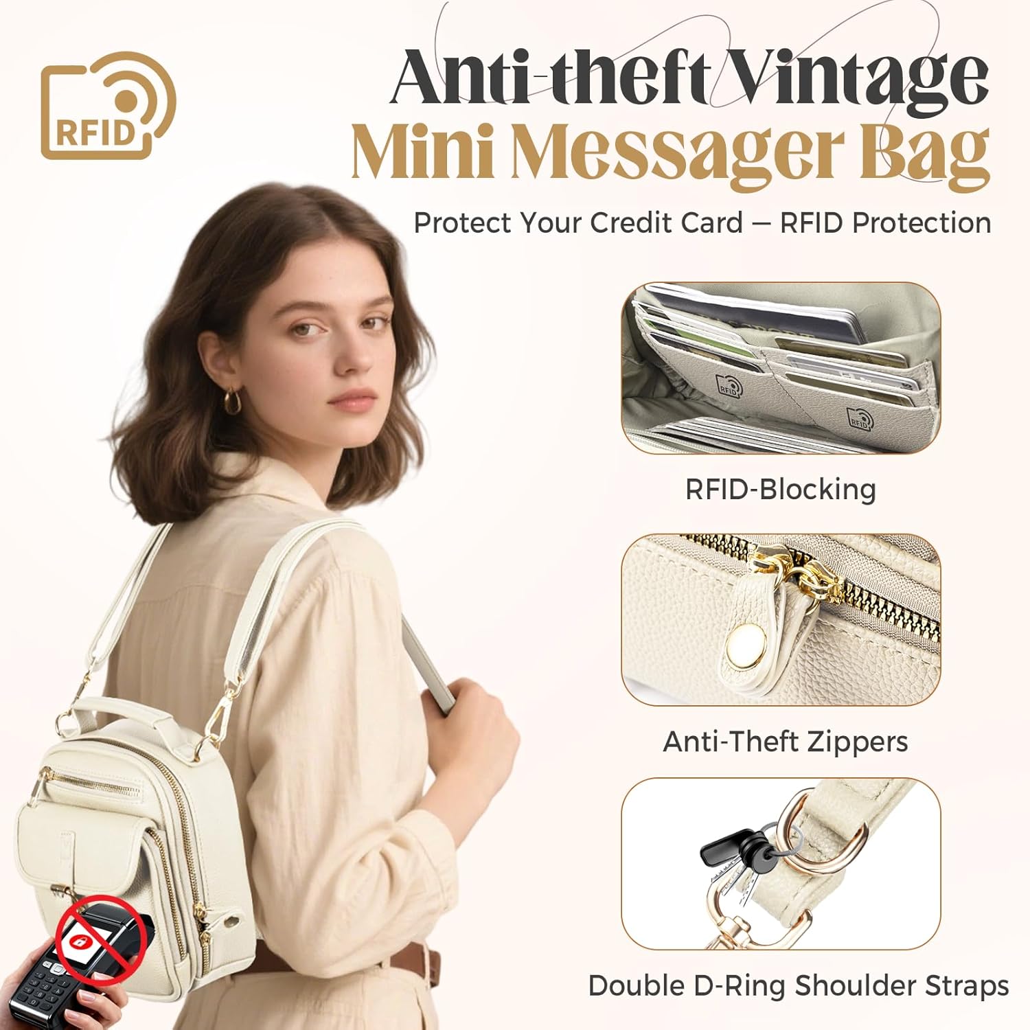 Vegan Crossbody Leather Bag for Women with 2 Adjustable Straps, Anti-Theft RFID Messenger Bag with Wallet, Small Shoulder Bag for Daily Travel