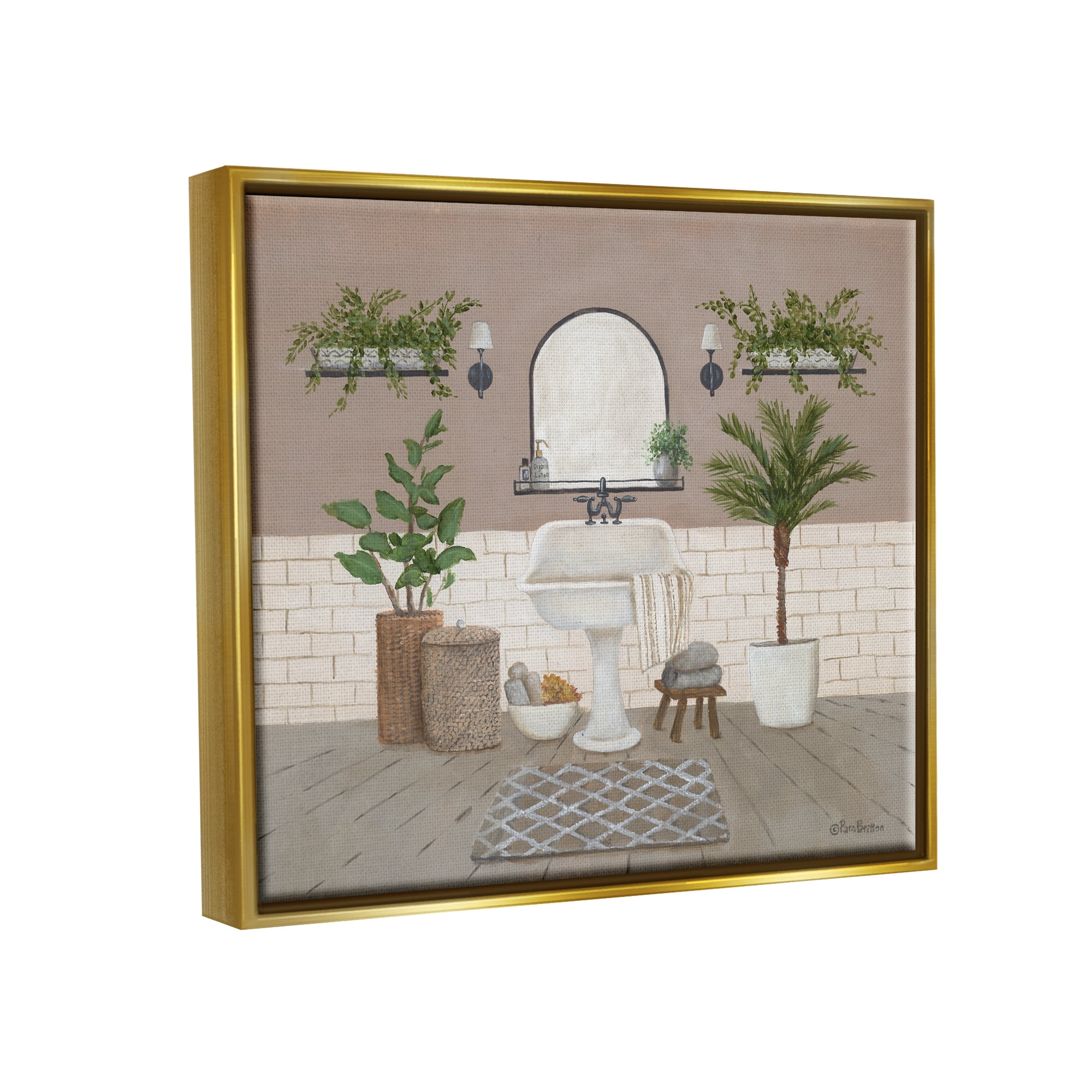 Stupell Cozy Bathroom Greenery Plants Botanical & Floral Painting Gold Floater Framed Art Print Wall Art