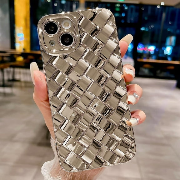 Compatible with iPhone 15 6.1 Inch, Fashion 3D Woven Pattern Plating Phone Case, Grid Printed case for Women Girls Soft Silicone Shockproof Camera Protective Back Cover-Silver