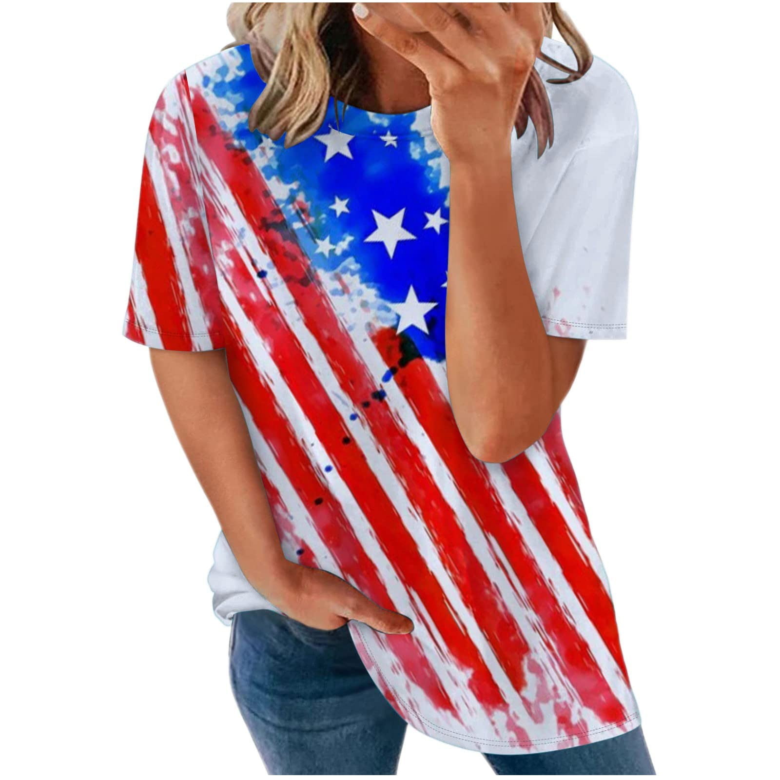 Womens Summer American Flag Printed Mesh Off Shoulder T-Shirts Chiffon 3/4 Sleeves Bell Sleeve July 4th Patriotic Loose Casual Tops Shirt 