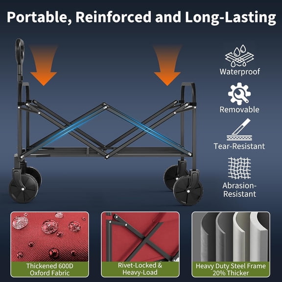 Acekid Foldable Utility Wagon Cart - Collapsible All-Terrain Grocery Wagon with Drink Holders & Adjustable Handle, 380LBS Capacity, Portable for Shopping/Camping/Garden, Red