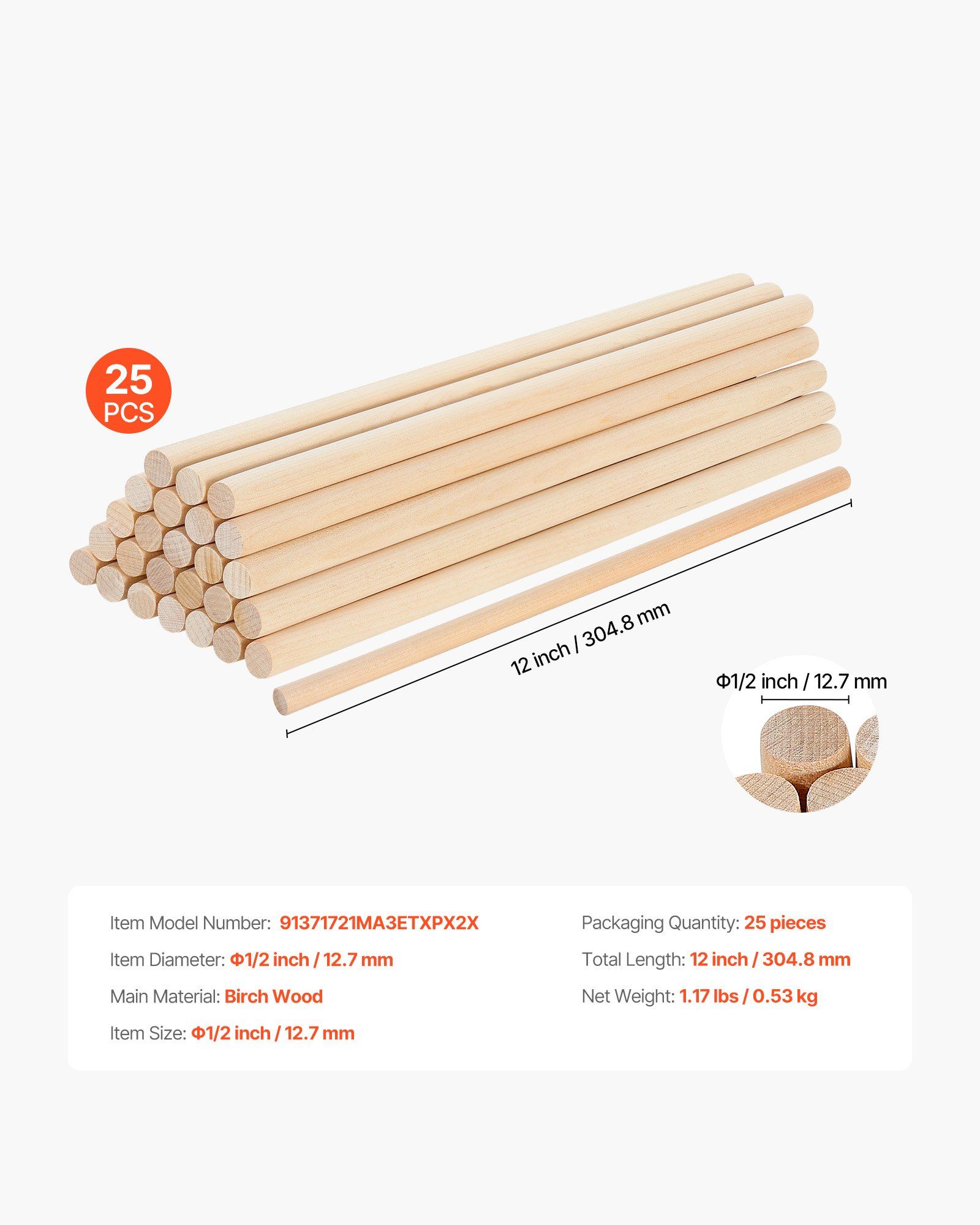 25Pcs Wooden Dowel Rods 1/2 x 12 Inch Natural Birch Wood Sticks, Smooth Round Craft Dowels for DIY Projects, Model Building, Home Decor, School Crafts, Painting, Teaching, and Woodworking Supplies