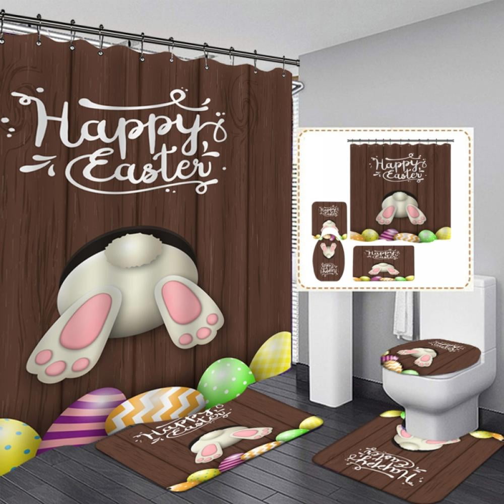 Easter Egg Shower Curtain 180*180CM, Funny Rabbit Wooden Boart Easter