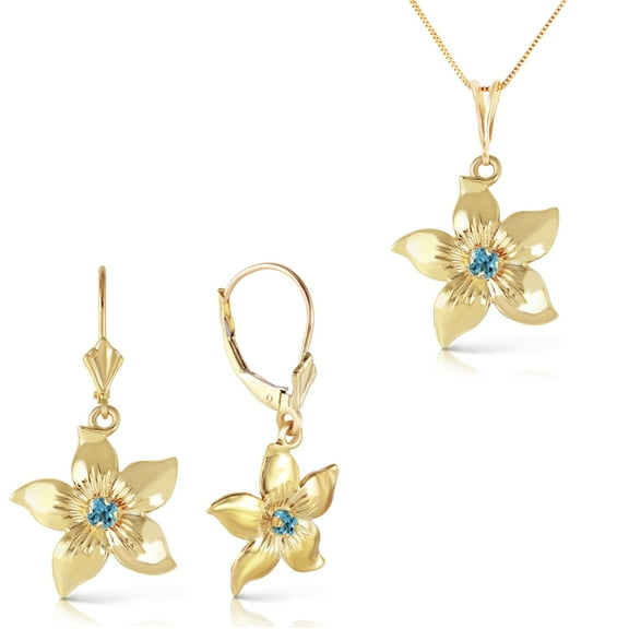 Galaxy Gold 14k Blue Topaz Flower Necklace with Earrings Set